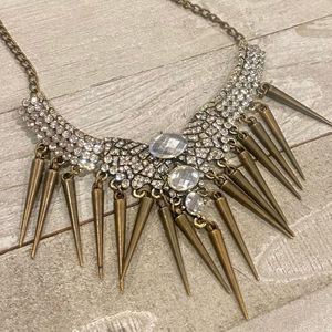 “SPIKES & STONES” Antique Gold Spike Accented Rhinestone Bib Chain Necklace